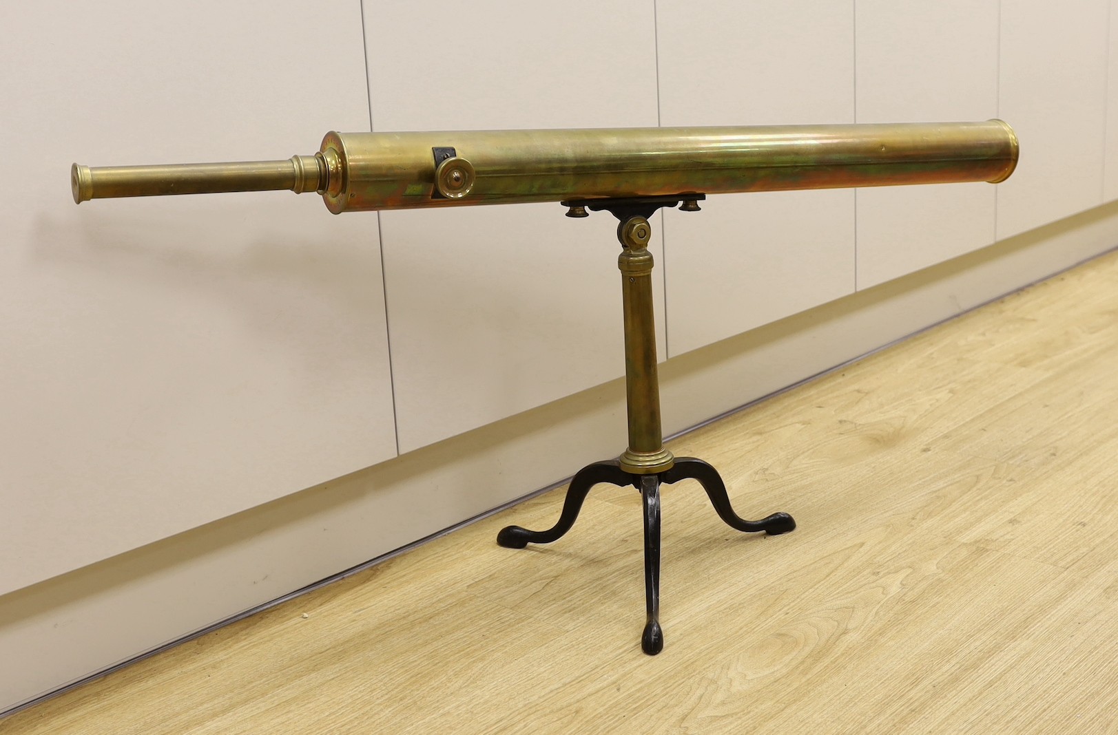 A Victorian Clarkson, High Holborn, brass telescope, on stand, 53cms high x 117cms long